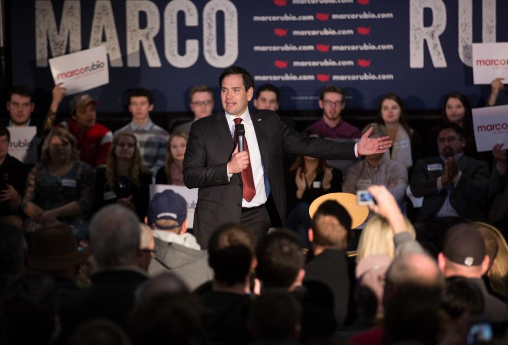 GVL / Kevin Sielaff - Republican presidential hopeful Marco Rubio draws a crowd at 4975 Broadmoor Avenue SE in Grand Rapids Tuesday, Feb. 23, 2016 as he rallies for Michigan’s vote in the upcoming primaries.