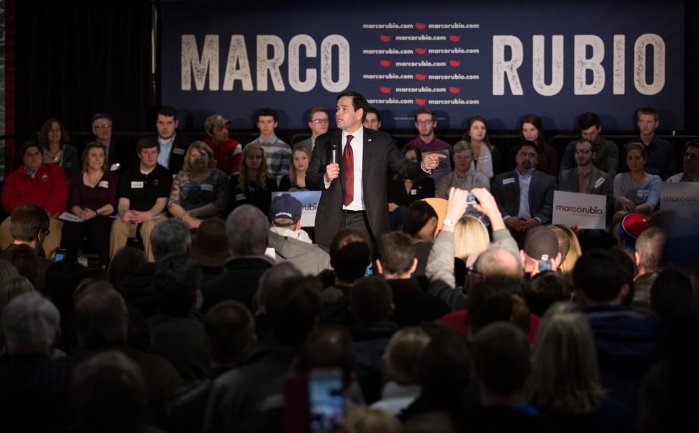 GVL / Kevin Sielaff - Republican presidential hopeful Marco Rubio draws a crowd at 4975 Broadmoor Avenue SE in Grand Rapids Tuesday, Feb. 23, 2016 as he rallies for Michigan’s vote in the upcoming primaries.