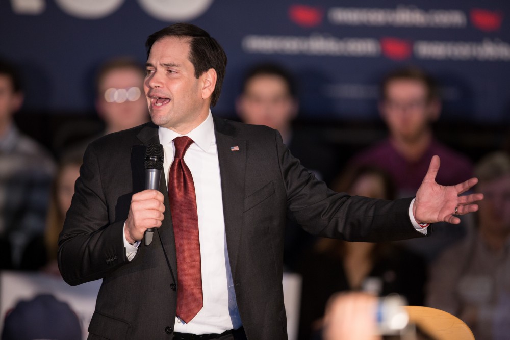 GVL / Kevin Sielaff - Republican presidential hopeful Marco Rubio draws a crowd at 4975 Broadmoor Avenue SE in Grand Rapids Tuesday, Feb. 23, 2016 as he rallies for Michigan’s vote in the upcoming primaries.