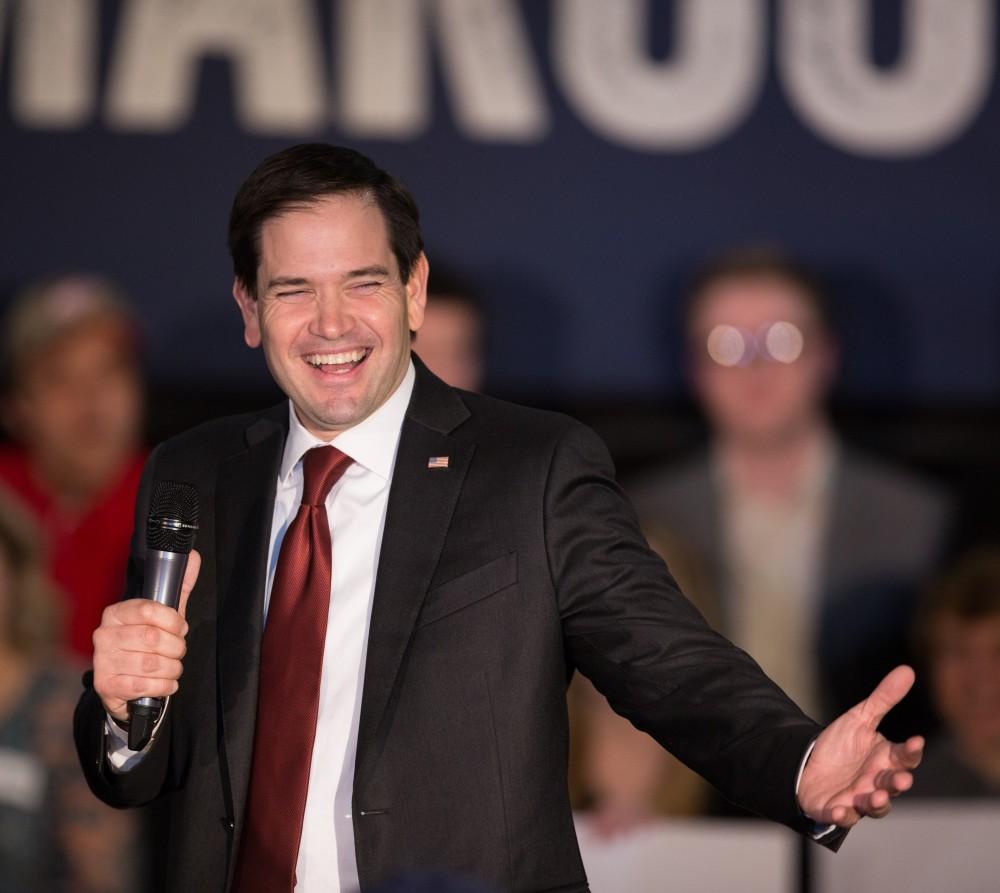 GVL / Kevin Sielaff - Republican presidential hopeful Marco Rubio draws a crowd at 4975 Broadmoor Avenue SE in Grand Rapids Tuesday, Feb. 23, 2016 as he rallies for Michigan’s vote in the upcoming primaries.