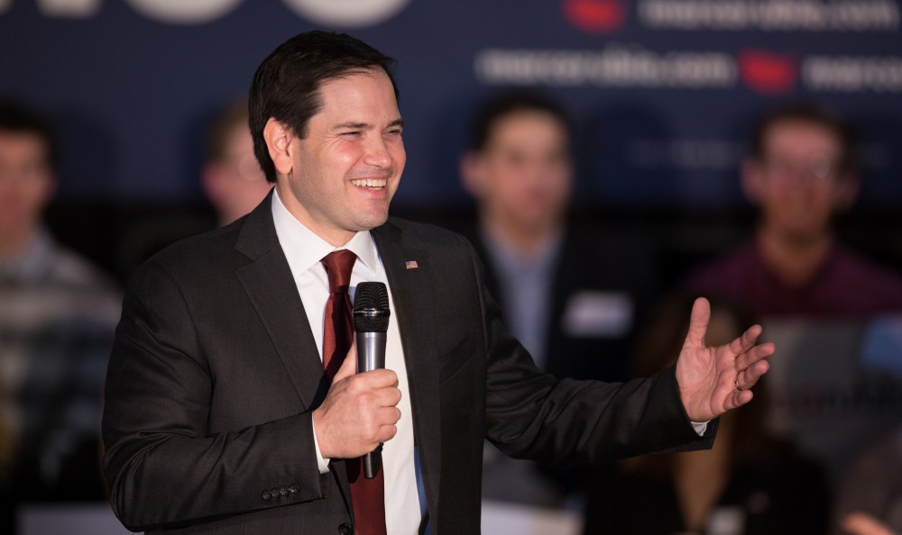 GVL / Kevin Sielaff - Republican presidential hopeful Marco Rubio draws a crowd at 4975 Broadmoor Avenue SE in Grand Rapids Tuesday, Feb. 23, 2016 as he rallies for Michigan’s vote in the upcoming primaries.