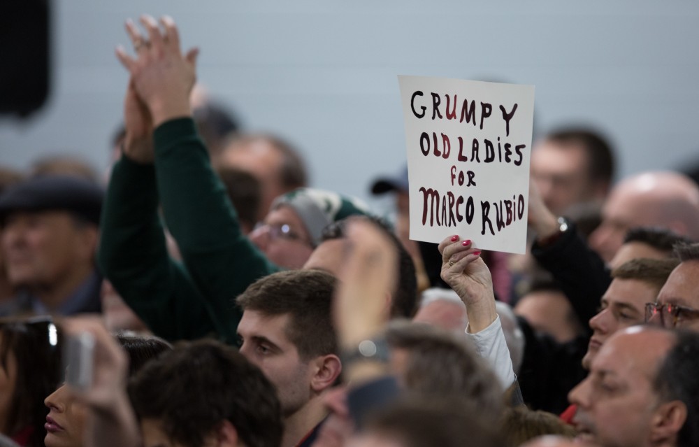 GVL / Kevin Sielaff - Republican presidential hopeful Marco Rubio draws a crowd at 4975 Broadmoor Avenue SE in Grand Rapids Tuesday, Feb. 23, 2016 as he rallies for Michigan’s vote in the upcoming primaries.