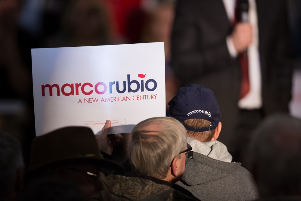 GVL / Kevin Sielaff - Republican presidential hopeful Marco Rubio draws a crowd at 4975 Broadmoor Avenue SE in Grand Rapids Tuesday, Feb. 23, 2016 as he rallies for Michigan’s vote in the upcoming primaries.