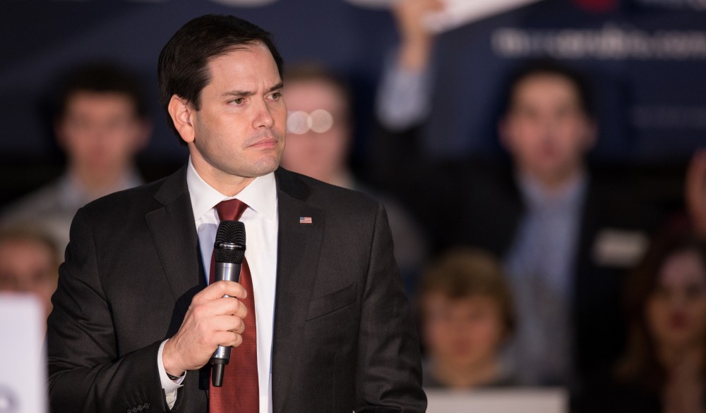 GVL / Kevin Sielaff - Republican presidential hopeful Marco Rubio draws a crowd at 4975 Broadmoor Avenue SE in Grand Rapids Tuesday, Feb. 23, 2016 as he rallies for Michigan’s vote in the upcoming primaries.