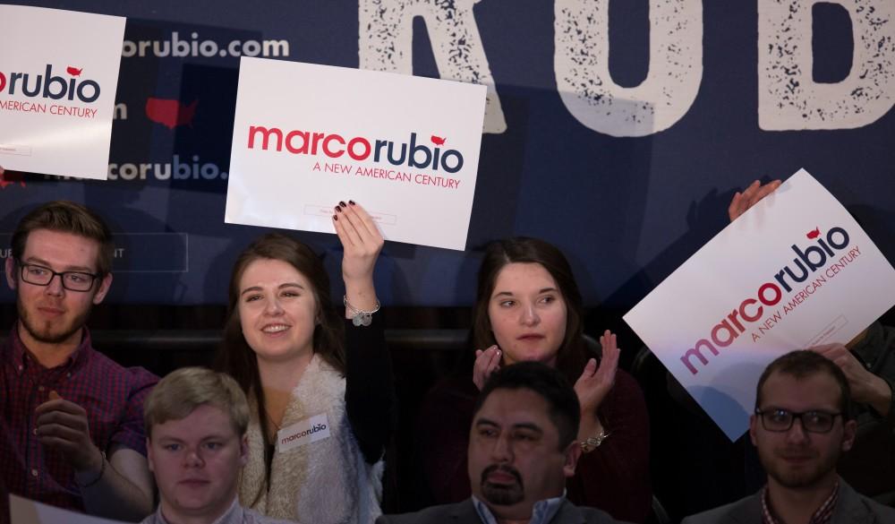 GVL / Kevin Sielaff - Republican presidential hopeful Marco Rubio draws a crowd at 4975 Broadmoor Avenue SE in Grand Rapids Tuesday, Feb. 23, 2016 as he rallies for Michigan’s vote in the upcoming primaries.