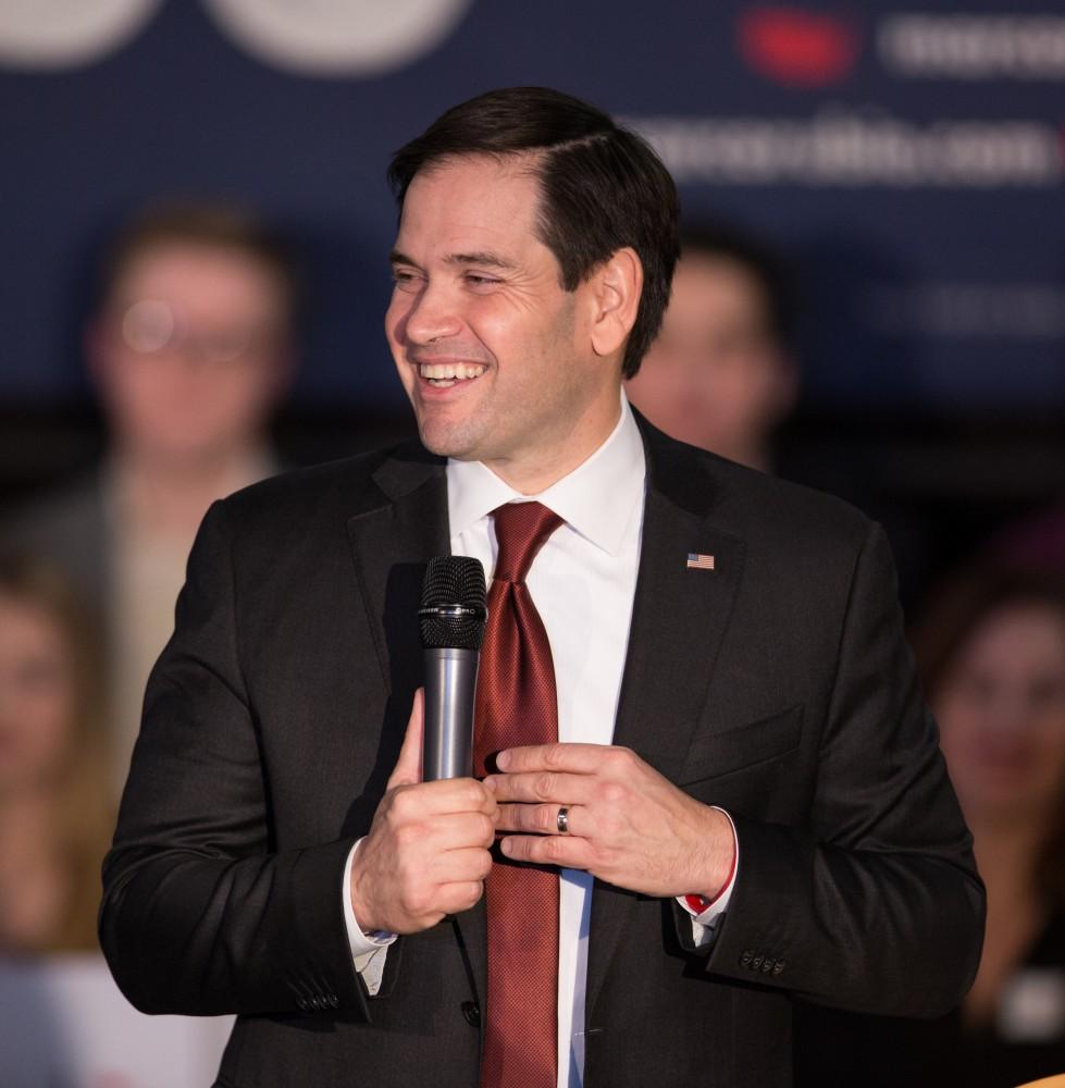 GVL / Kevin Sielaff - Republican presidential hopeful Marco Rubio draws a crowd at 4975 Broadmoor Avenue SE in Grand Rapids Tuesday, Feb. 23, 2016 as he rallies for Michigan’s vote in the upcoming primaries.