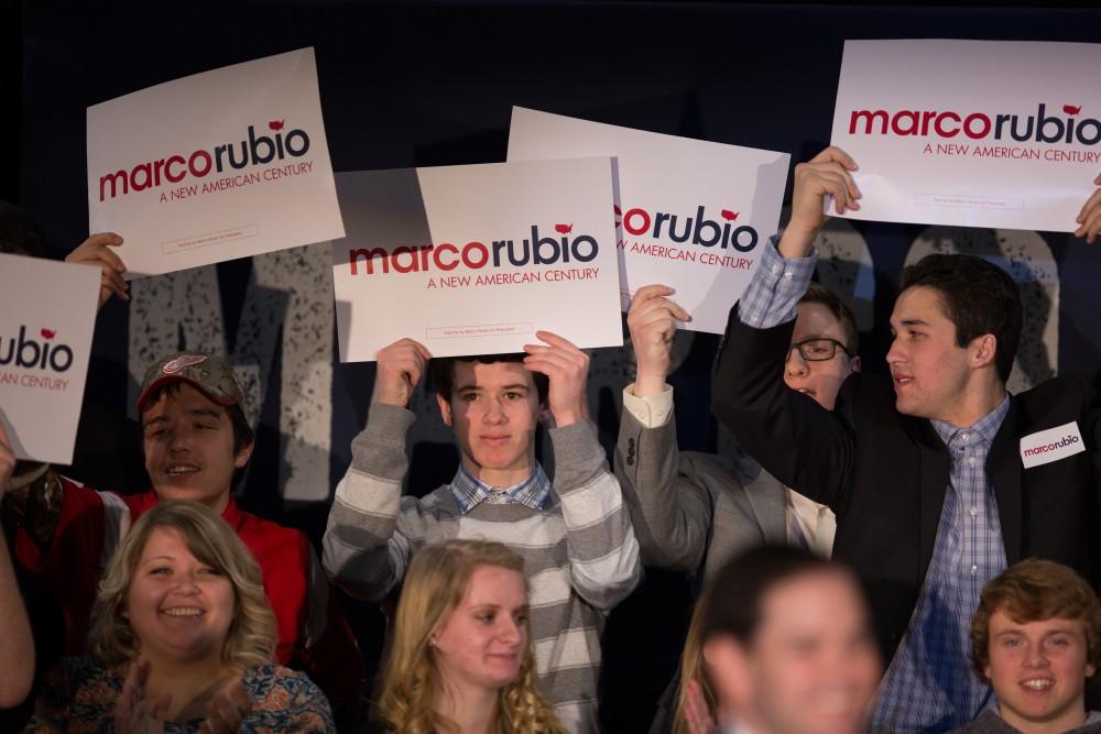 GVL / Kevin Sielaff - Republican presidential hopeful Marco Rubio draws a crowd at 4975 Broadmoor Avenue SE in Grand Rapids Tuesday, Feb. 23, 2016 as he rallies for Michigan’s vote in the upcoming primaries.