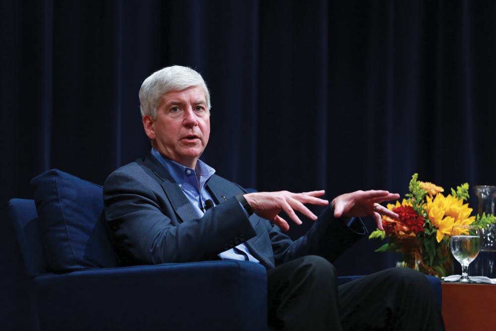 GVL / Kevin Sielaff - Michigan Gov. Rick Snyder visits Grand Rapids Oct. 7 for the 2015 State University Summit. Gov. Snyder was greeted by officials working within higher education institutions from across Michigan. 