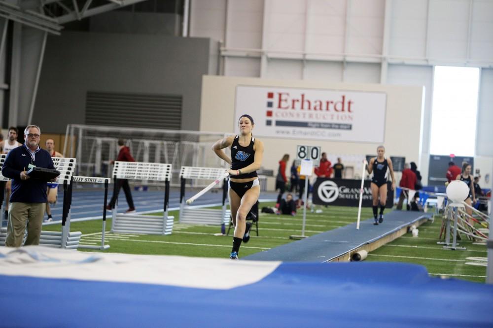 GVL / Emily Frye
Junior Skylar Schoen takes on the pole vault on Friday, Feb. 19, 2016.