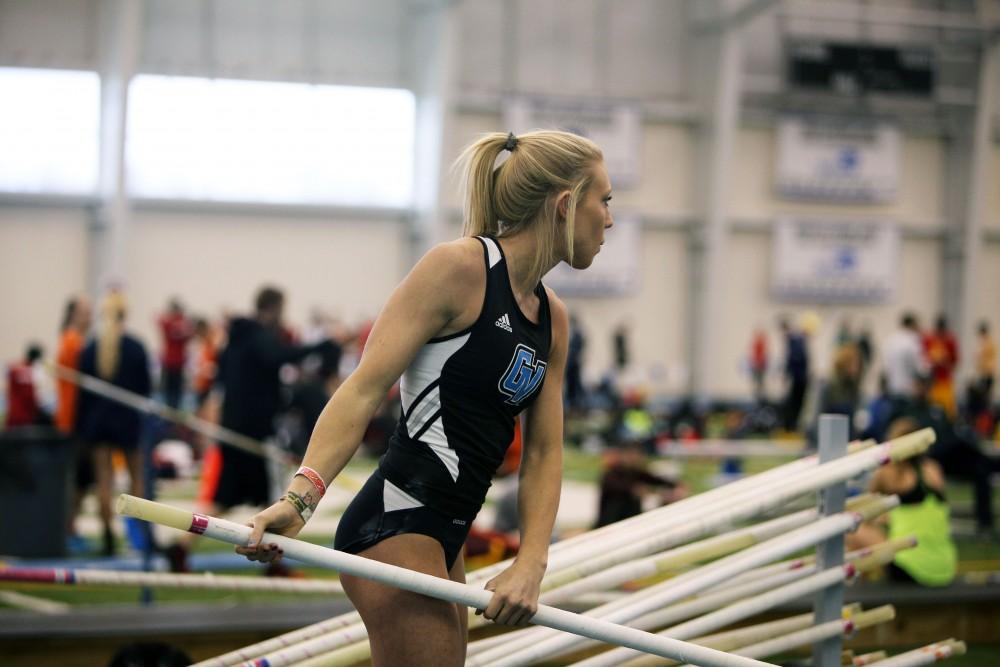 GVL / Emily Frye
Grand Valley State University pole vaulter prepares for her event on Friday, Feb. 19, 2016.