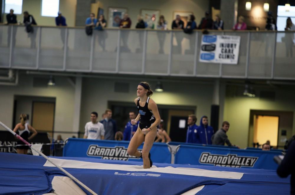 GVL / Emily Frye
Senior Skylar Schoen gets pumped after successfully completing the pole vault on Friday, Feb. 19, 2016.