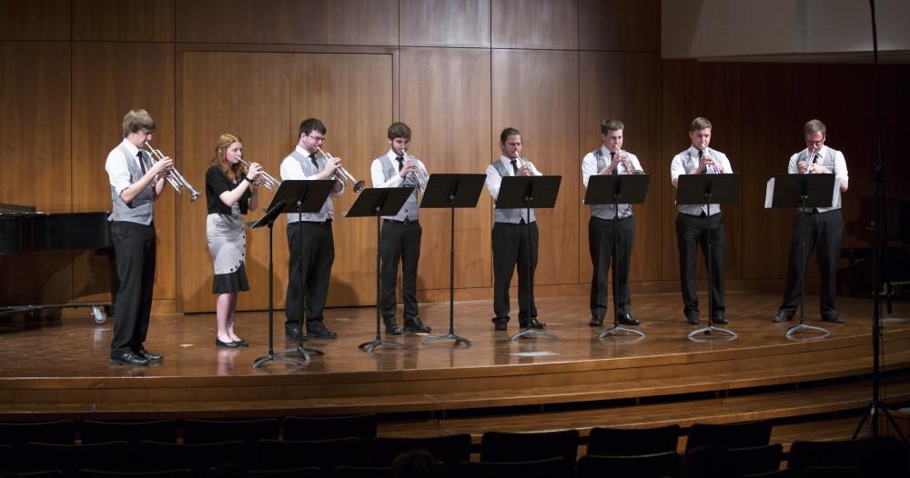 GVL / Kevin Sielaff - The GVSU Trumpet Ensemble plays Infinite Ascent, composed by Erik Morales. The Alex Aninos Scholarship Recital is held Friday, March 25, 2016 inside Grand Valley's Cook-DeWitt Center in Allendale. 