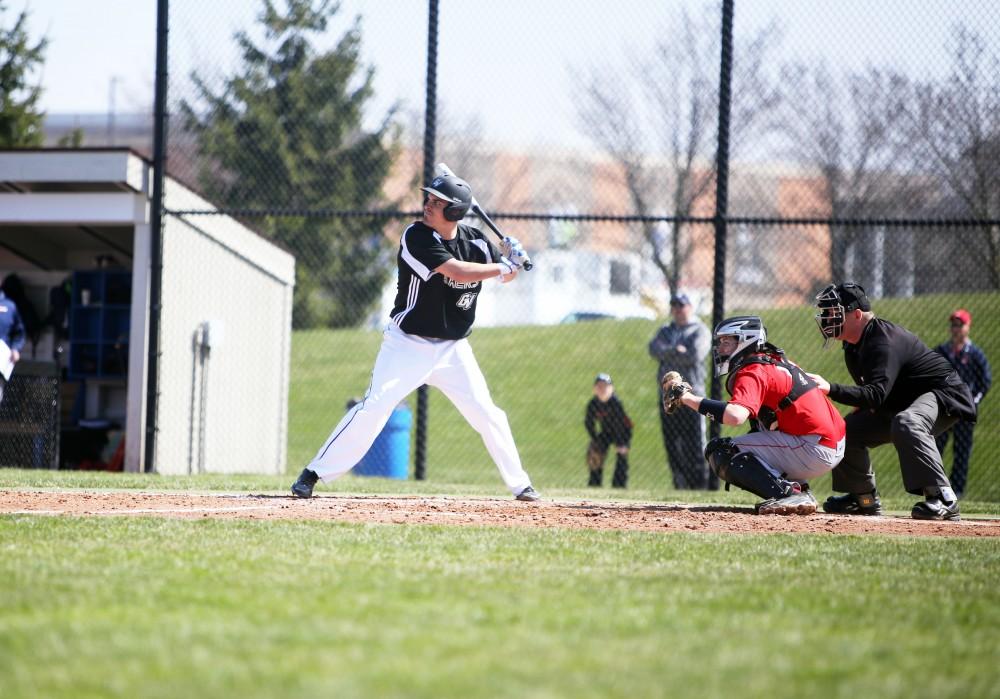 GVL / Emily Frye 
Senior Jason Ribecky steps up to the plate against Saginaw Valley State University on Saturday Mar. 26, 2016. 