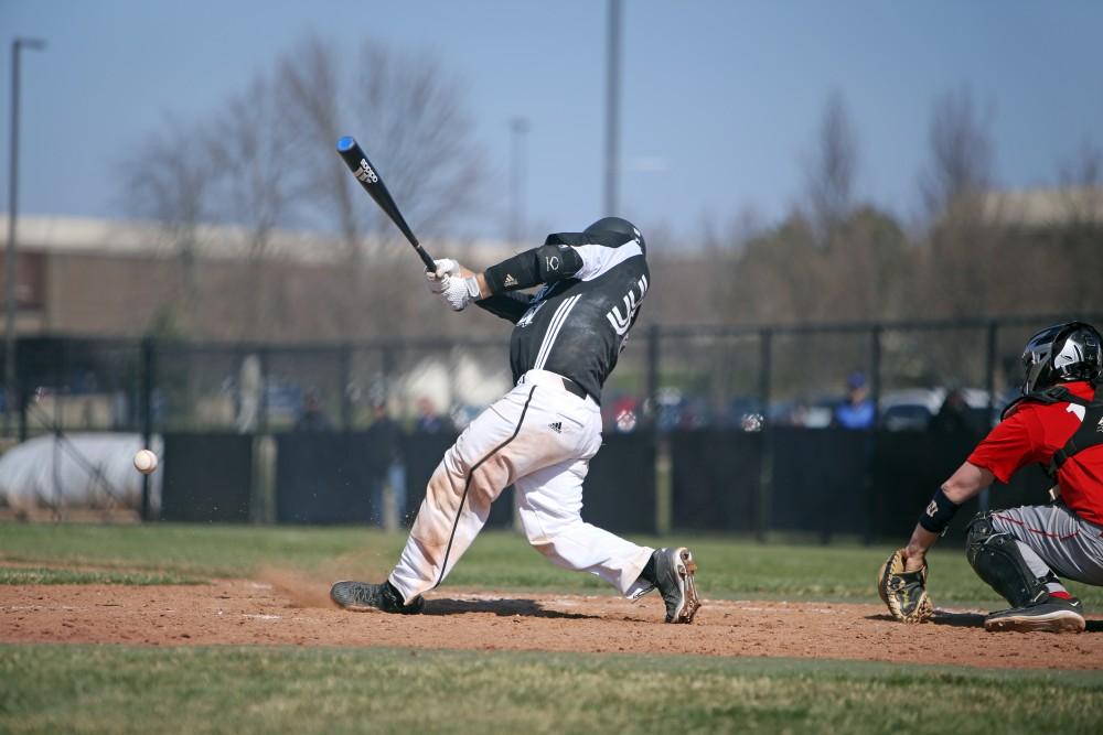 GVL / Emily Frye   
Catcher Brody Andrews makes a solid hit against Saginaw Valley State University on Saturday Mar. 26, 2016.