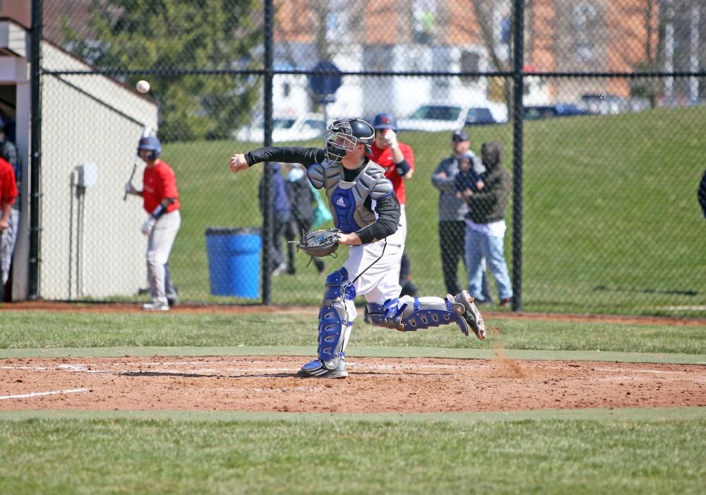 GVL / Emily Frye   
Catcher Brody Andrews against Saginaw Valley State University on Saturday Mar. 26, 2016.