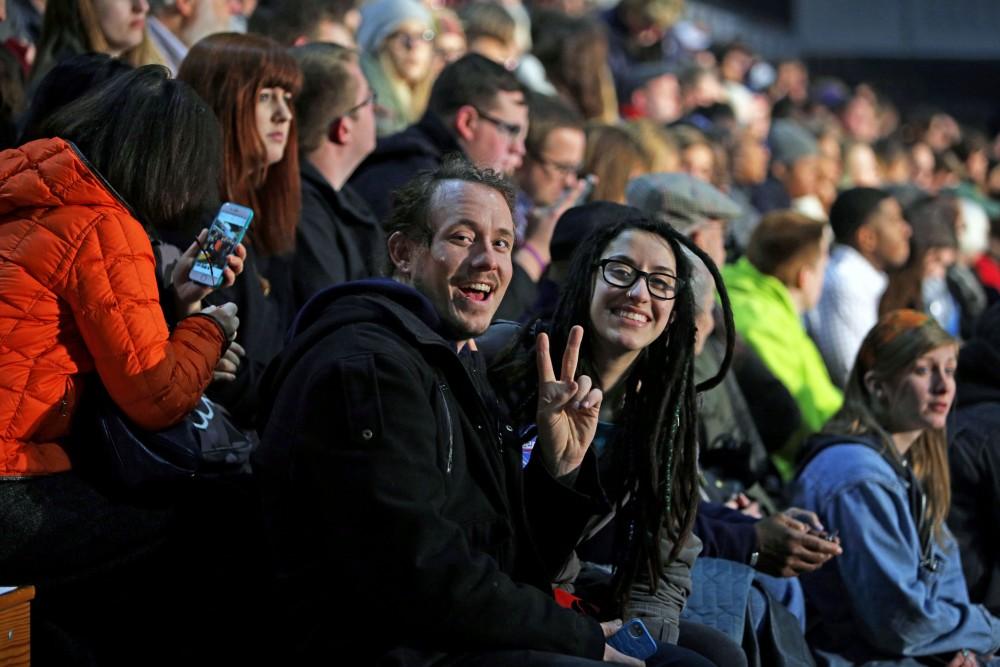 GVL / Emily Frye
Benaniah Swayer (left) and Kristen Weiss (right) patiently wait for Bernie Sanders arrival at Grand Valley State University on Friday Mar. 4, 2016. 