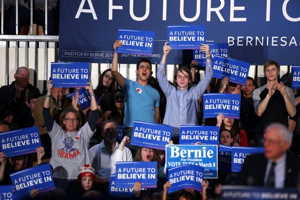 GVL / Emily Frye
Supporters of Presidential Candidate Bernie Sanders excitedly await his arrival at Grand Valley State University on Friday Mar. 4, 2016. 