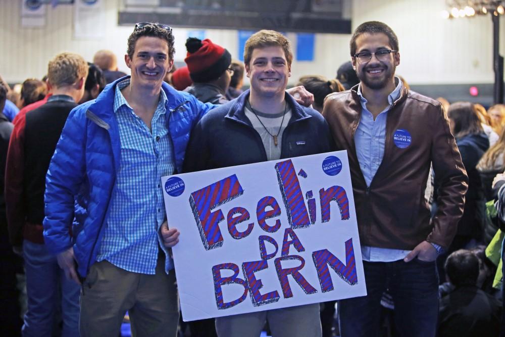 GVL / Emily Frye
(From left to right) Cole Edwards, Jarett Sobkowiak, and Louis Salak patiently await Bernie Sanders arrival at Grand Valley State University on Friday Mar. 4, 2016. 