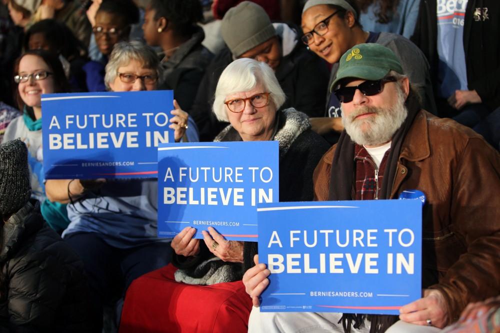 GVL / Emily Frye
(From left to right) Deanna Taylor, Marsha Irwin, and Charles Steffens patiently await Bernie Sanders arrival at Grand Valley State University on Friday Mar. 4, 2016.