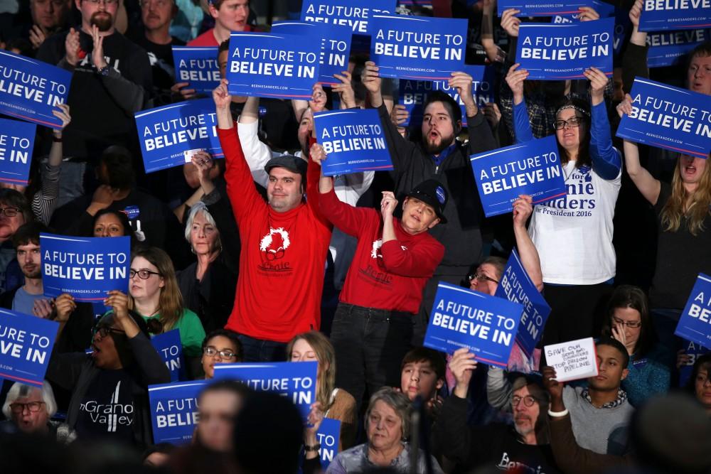 GVL / Emily Frye
Democratic Presidential Candidate Bernie Sanders makes a last minute stop at Grand Valley State University on Friday Mar. 4, 2016. Sanders is trying to pull all of his supporters to the voting polls before Tuesday's primary election. 