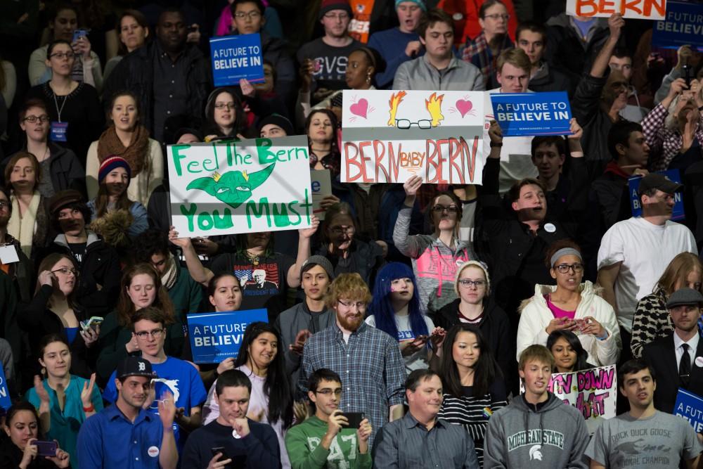 GVL / Kevin Sielaff - United States Senator and Democratic presidential hopeful Bernie Sanders speaks on Wednesday, March 2, 2016 at Michigan State University's Breslin Student Events Center.