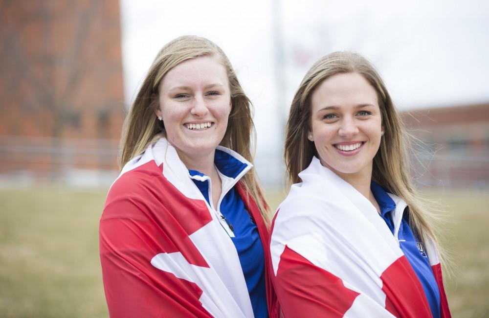 GVL / Kevin Sielaff - Alexandra Amos (left) and Alex Taylor (right) pose for a photo outside of Grand Valley’s Kirkhof Center on Wednesday, March 30, 2016.