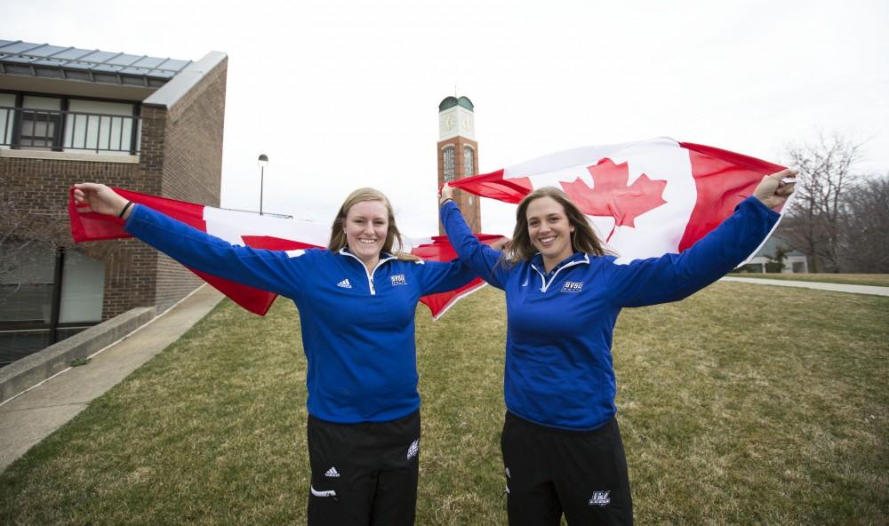 GVL / Kevin Sielaff - Alexandra Amos (left) and Alex Taylor (right) pose for a photo outside of Grand Valley’s Kirkhof Center on Wednesday, March 30, 2016.