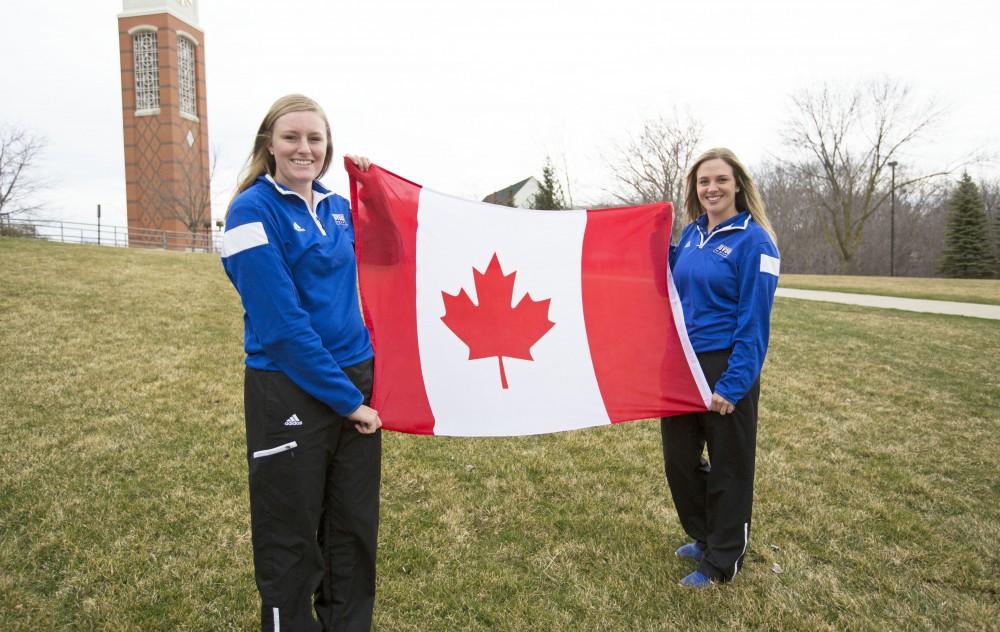 GVL / Kevin Sielaff - Alexandra Amos (left) and Alex Taylor (right) pose for a photo outside of Grand Valley’s Kirkhof Center on Wednesday, March 30, 2016.