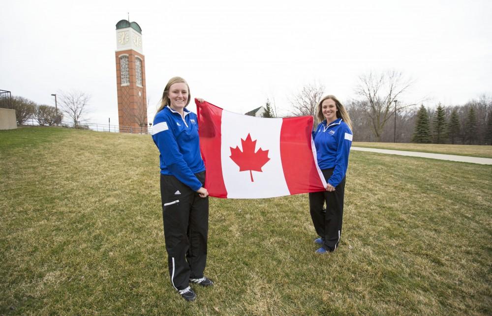 GVL / Kevin Sielaff - Alexandra Amos (left) and Alex Taylor (right) pose for a photo outside of Grand Valley’s Kirkhof Center on Wednesday, March 30, 2016.