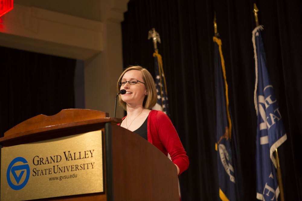 GVL / Sara Carte - Member of Phi Alpha, Aubrey Dull, speaks at the documentary screening of “Girl Rising”  in the DeVos Center on Friday, Mar. 25, 2016.