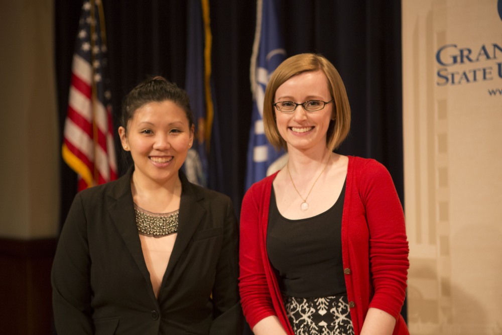 GVL / Sara Carte - Members of Phi Alpha, Ouen Hunter (left) and Aubrey Dull (right), speak at the documentary screening of “Girl Rising”  in the DeVos Center on Friday, Mar. 25, 2016.