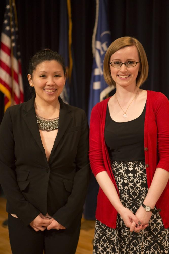 GVL / Sara Carte - Members of Phi Alpha, Ouen Hunter (left) and Aubrey Dull (right), speak at the documentary screening of “Girl Rising”  in the DeVos Center on Friday, Mar. 25, 2016.