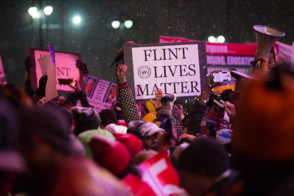 GVL / Kevin Sielaff - Protesters gather outside of the Fox Theater in Detroit, MI on Friday, March 4, 2016 to voice their opinions about the GOP candidates.