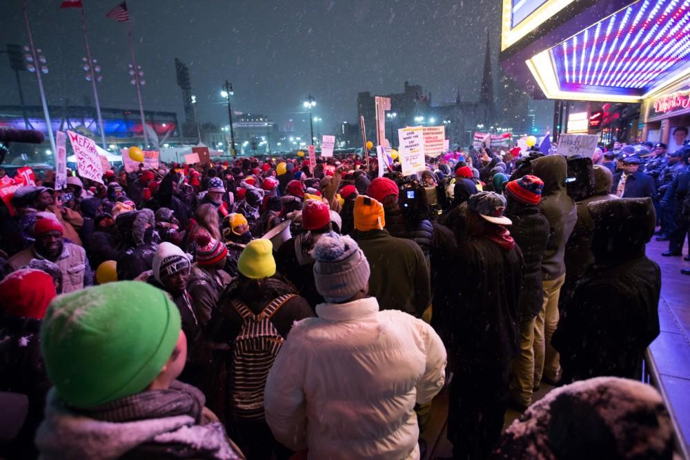 GVL / Kevin Sielaff - Protesters gather outside of the Fox Theater in Detroit, MI on Friday, March 4, 2016 to voice their opinions about the GOP candidates.