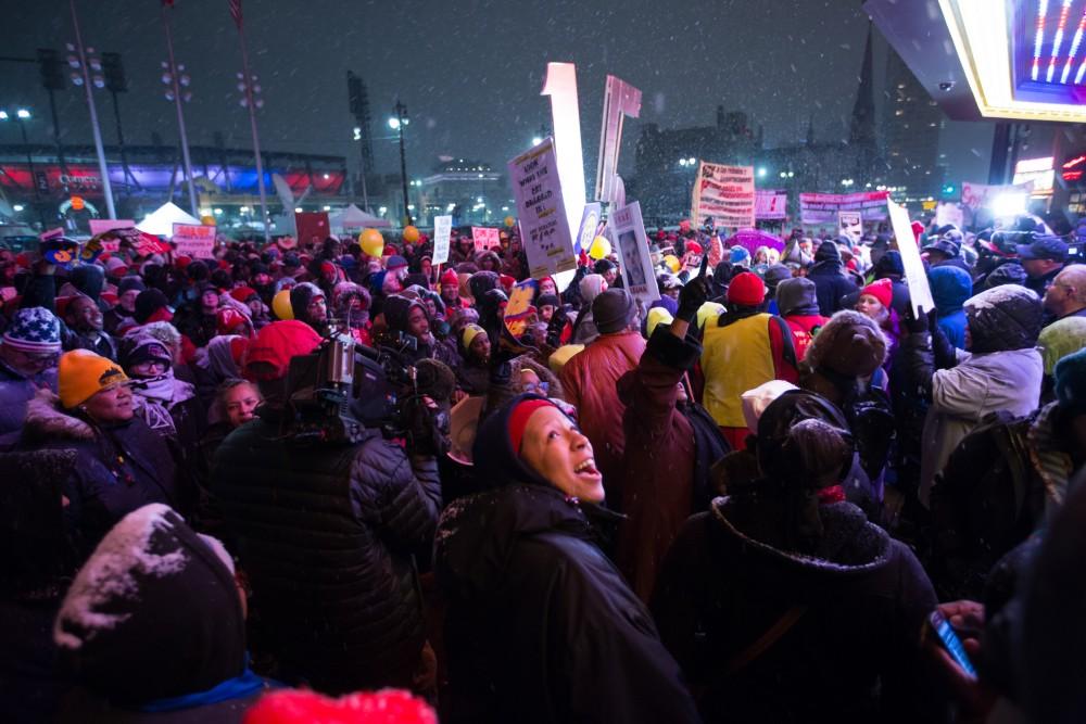 GVL / Kevin Sielaff - Protesters gather outside of the Fox Theater in Detroit, MI on Friday, March 4, 2016 to voice their opinions about the GOP candidates.