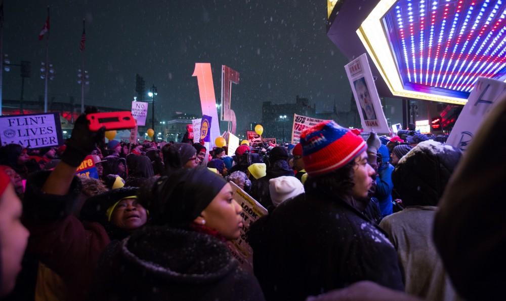 GVL / Kevin Sielaff - Protesters gather outside of the Fox Theater in Detroit, MI on Friday, March 4, 2016 to voice their opinions about the GOP candidates.