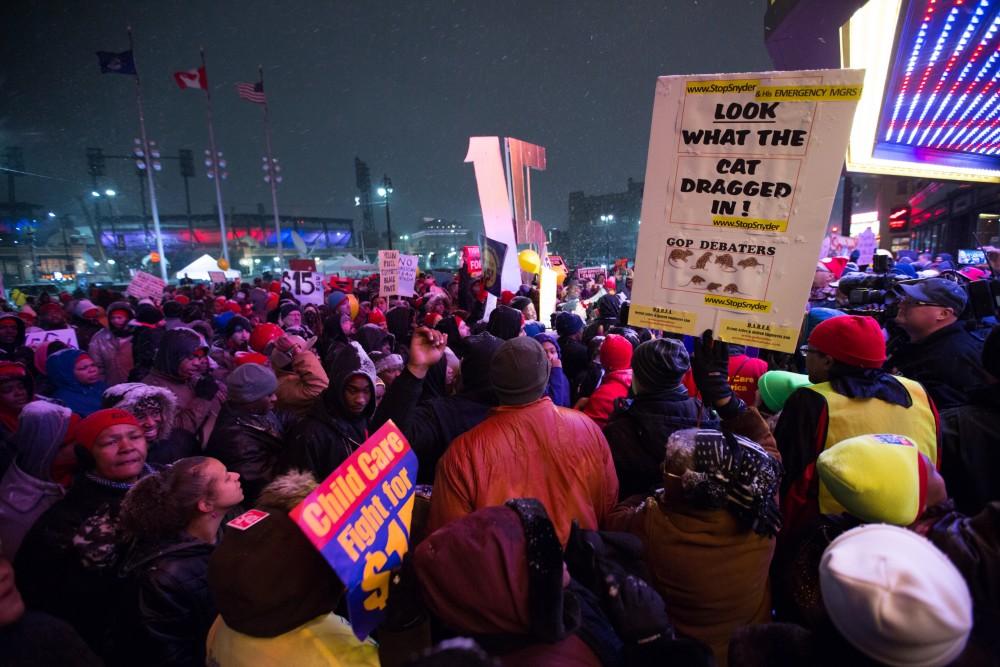 GVL / Kevin Sielaff - Protesters gather outside of the Fox Theater in Detroit, MI on Friday, March 4, 2016 to voice their opinions about the GOP candidates.