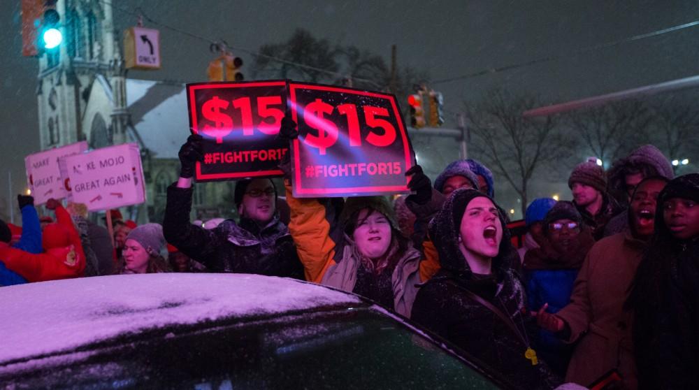 GVL / Kevin Sielaff - Protesters gather outside of the Fox Theater in Detroit, MI on Friday, March 4, 2016 to voice their opinions about the GOP candidates.