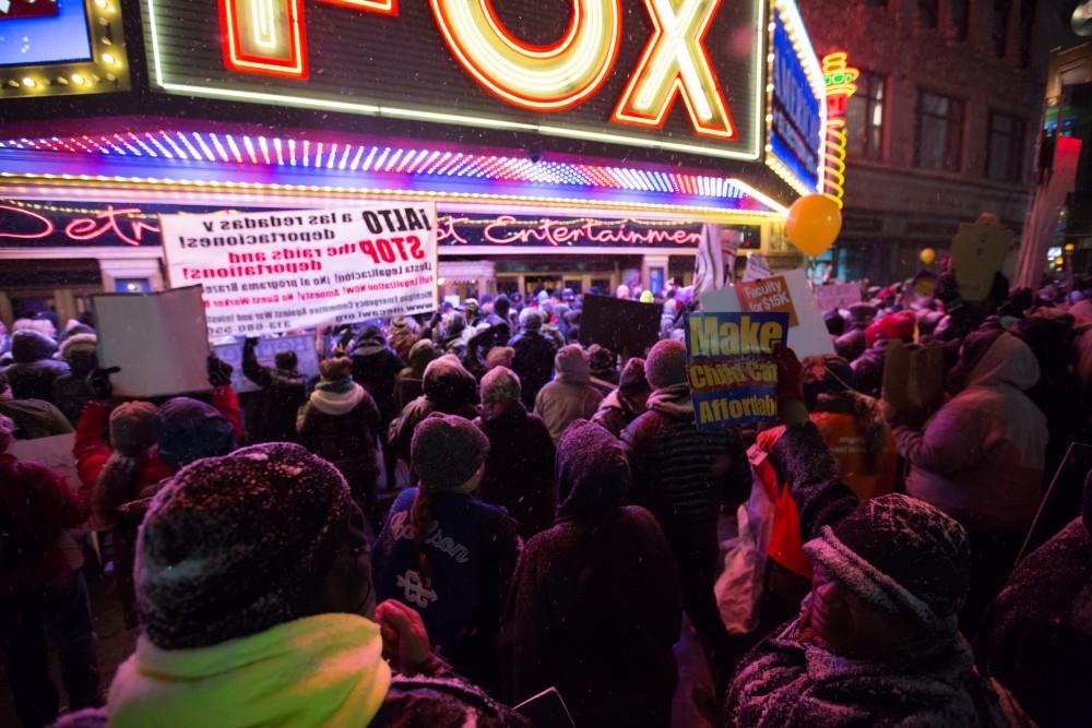 GVL / Kevin Sielaff - Protesters gather outside of the Fox Theater in Detroit, MI on Friday, March 4, 2016 to voice their opinions about the GOP candidates.