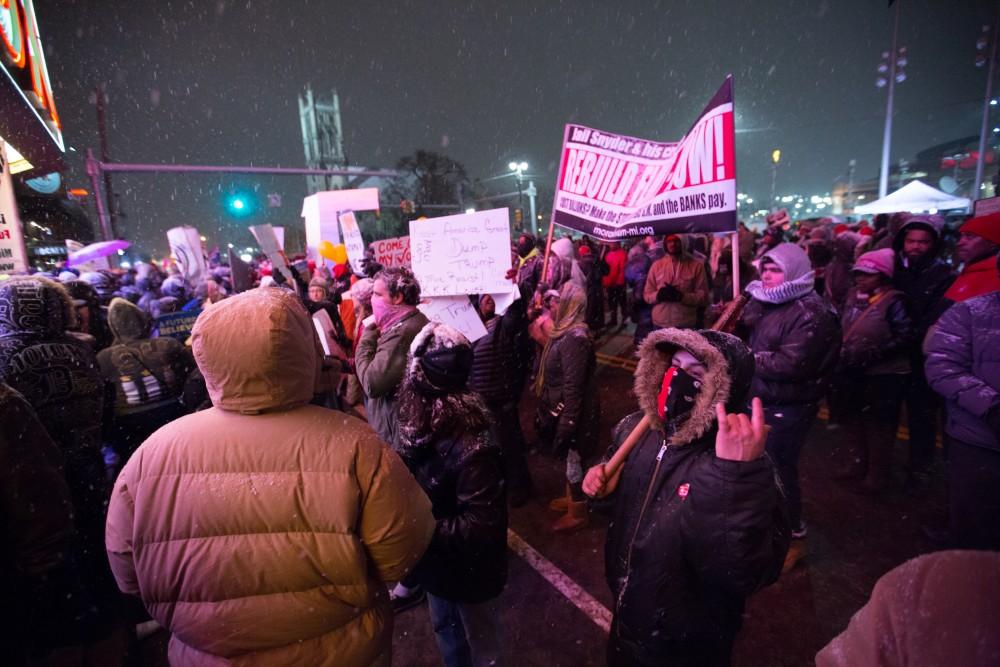 GVL / Kevin Sielaff - Protesters gather outside of the Fox Theater in Detroit, MI on Friday, March 4, 2016 to voice their opinions about the GOP candidates.