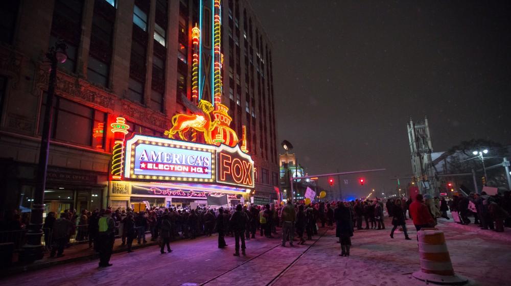 GVL / Kevin Sielaff - Protesters gather outside of the Fox Theater in Detroit, MI on Friday, March 4, 2016 to voice their opinions about the GOP candidates.