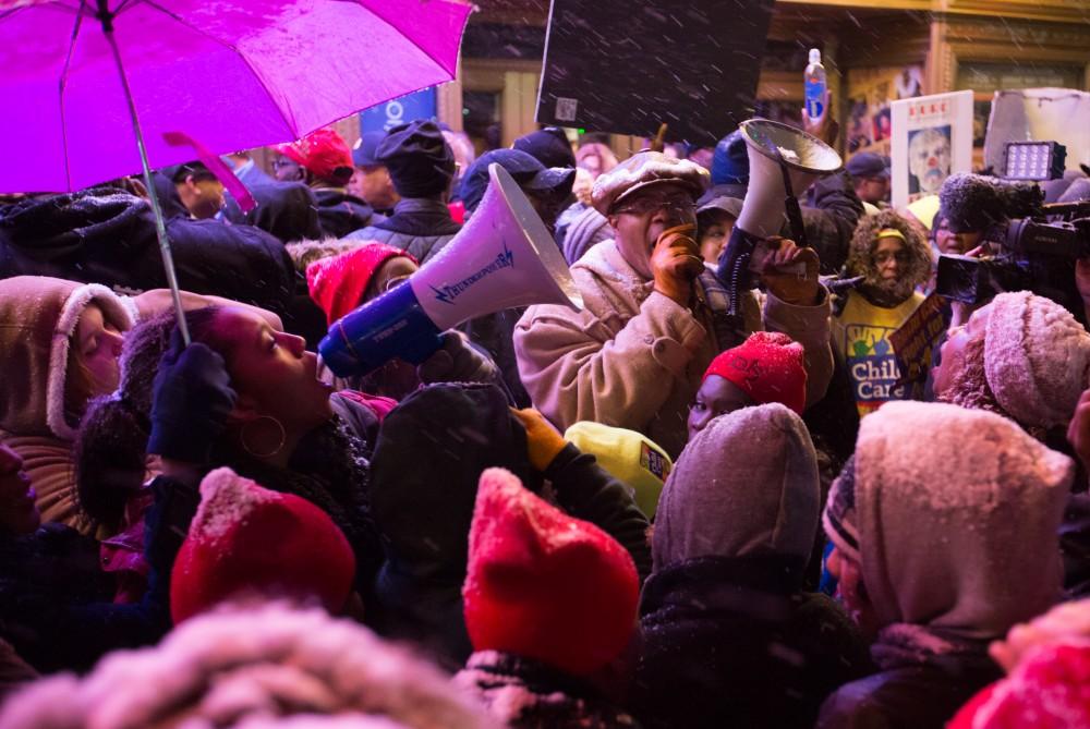 GVL / Kevin Sielaff - Protesters gather outside of the Fox Theater in Detroit, MI on Friday, March 4, 2016 to voice their opinions about the GOP candidates.