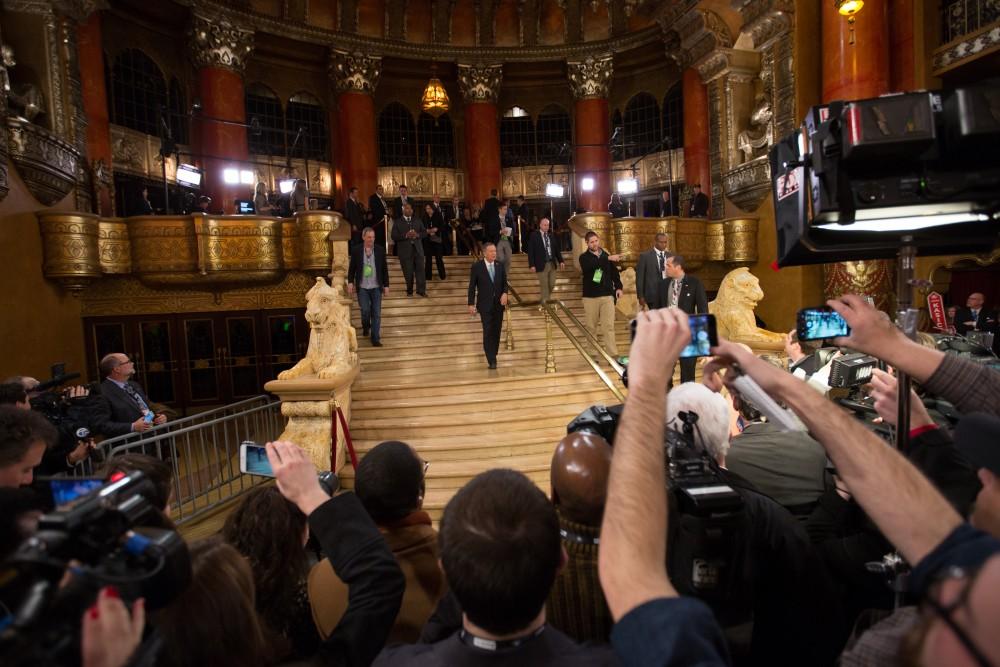 GVL / Kevin Sielaff - After the debate, candidates Donald Trump and John Kasich answer questions from the press at the entrance to the Fox Theater in Detroit, MI on Friday, March 4, 2016.