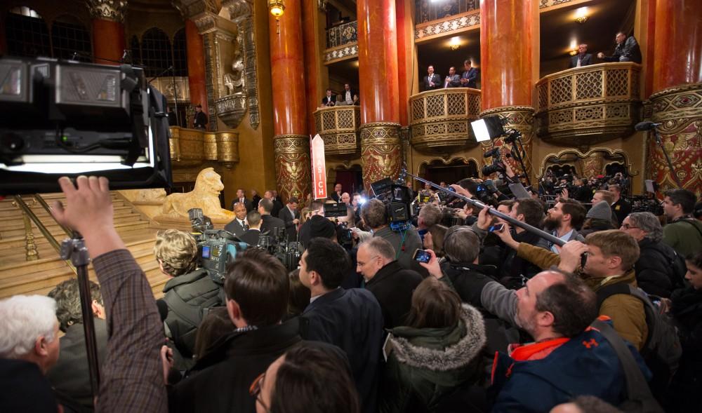 GVL / Kevin Sielaff - After the debate, candidates Donald Trump and John Kasich answer questions from the press at the entrance to the Fox Theater in Detroit, MI on Friday, March 4, 2016.