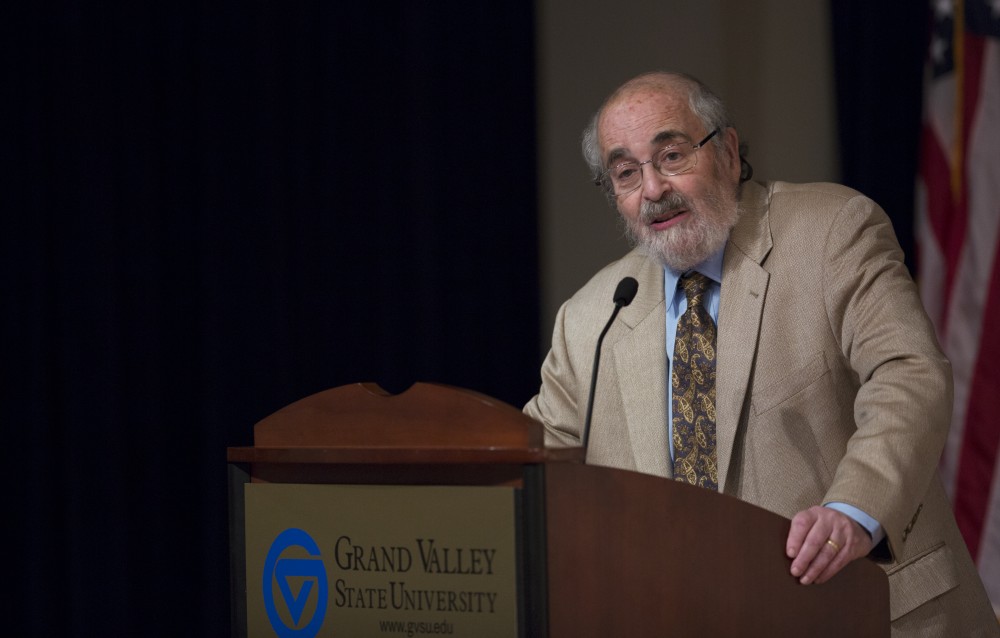 GVL / Kevin Sielaff - Alan Charles Kors, intellectual historian and Henry Charles Lea Professor of History at the University of Pennsylvania, speaks at Grand Valley's Loosemore Auditorium Wednesday, March 16, 2016. 