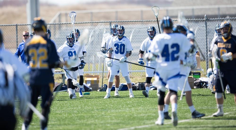 GVL / Kevin Sielaff – Grand Valley’s men’s lacrosse team squares off against Siena Heights University Sunday, March 20, 2016 in Allendale.