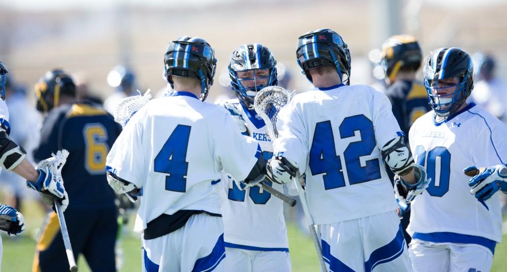 GVL / Kevin Sielaff – Grand Valley’s men’s lacrosse team squares off against Siena Heights University Sunday, March 20, 2016 in Allendale.