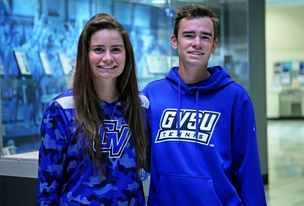 GVL / Emily Frye Grand Valley State University tennis players and siblings Nicole and Jack Heiniger pose for a photo on Wednesday Mar. 23, 2016. This is Jacks third season with the Lakers and Nicoles first.