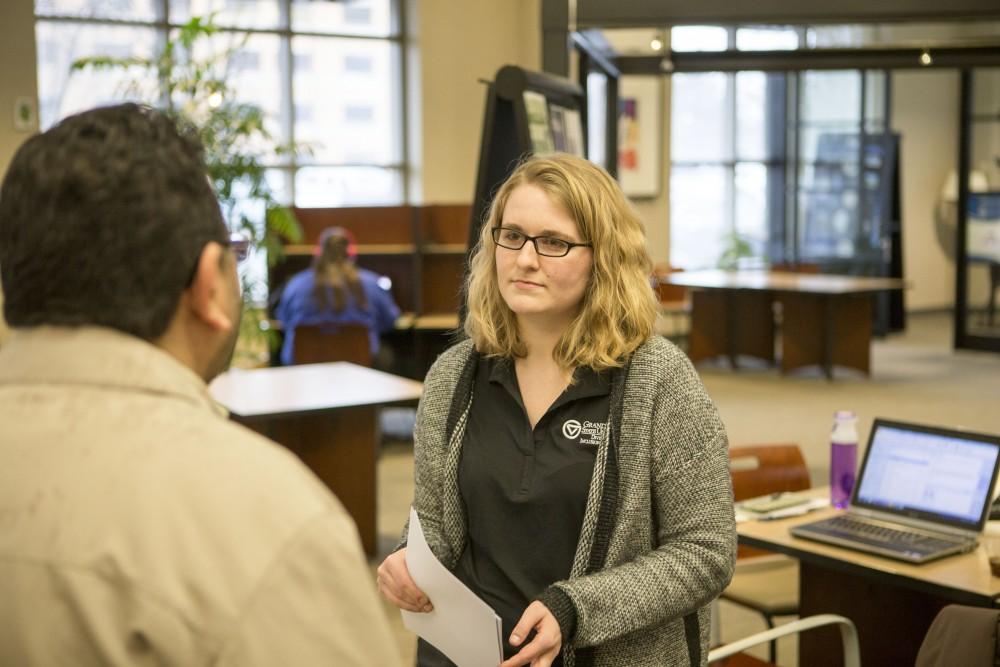 GVL / Sara Carte - The Kaufman Interfaith Institute Program Manager, Katie Gordon, speaks with students and staff at the Religius & Spiritual Identity Listening Sessions in the DeVos Campus on Wednesday, Mar. 23, 2016.