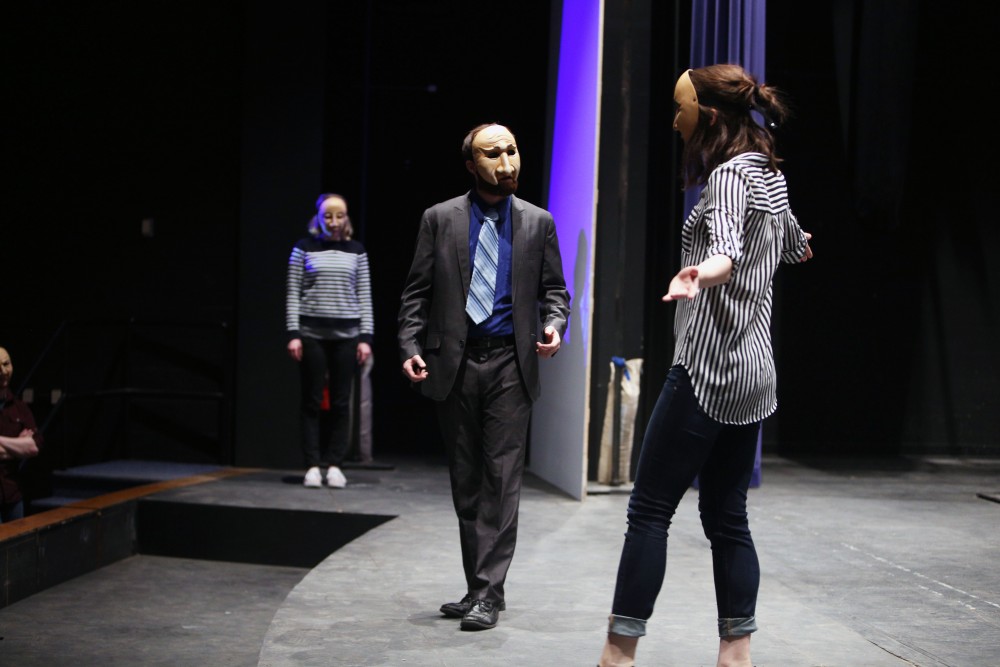 GVL / Emily Frye 
Justin Mackey (left) and Charlie Wilburn (right) rehearse a scene from the upcoming play "Six Characters Theater Performance" on Thursday Mar. 24, 2016. 